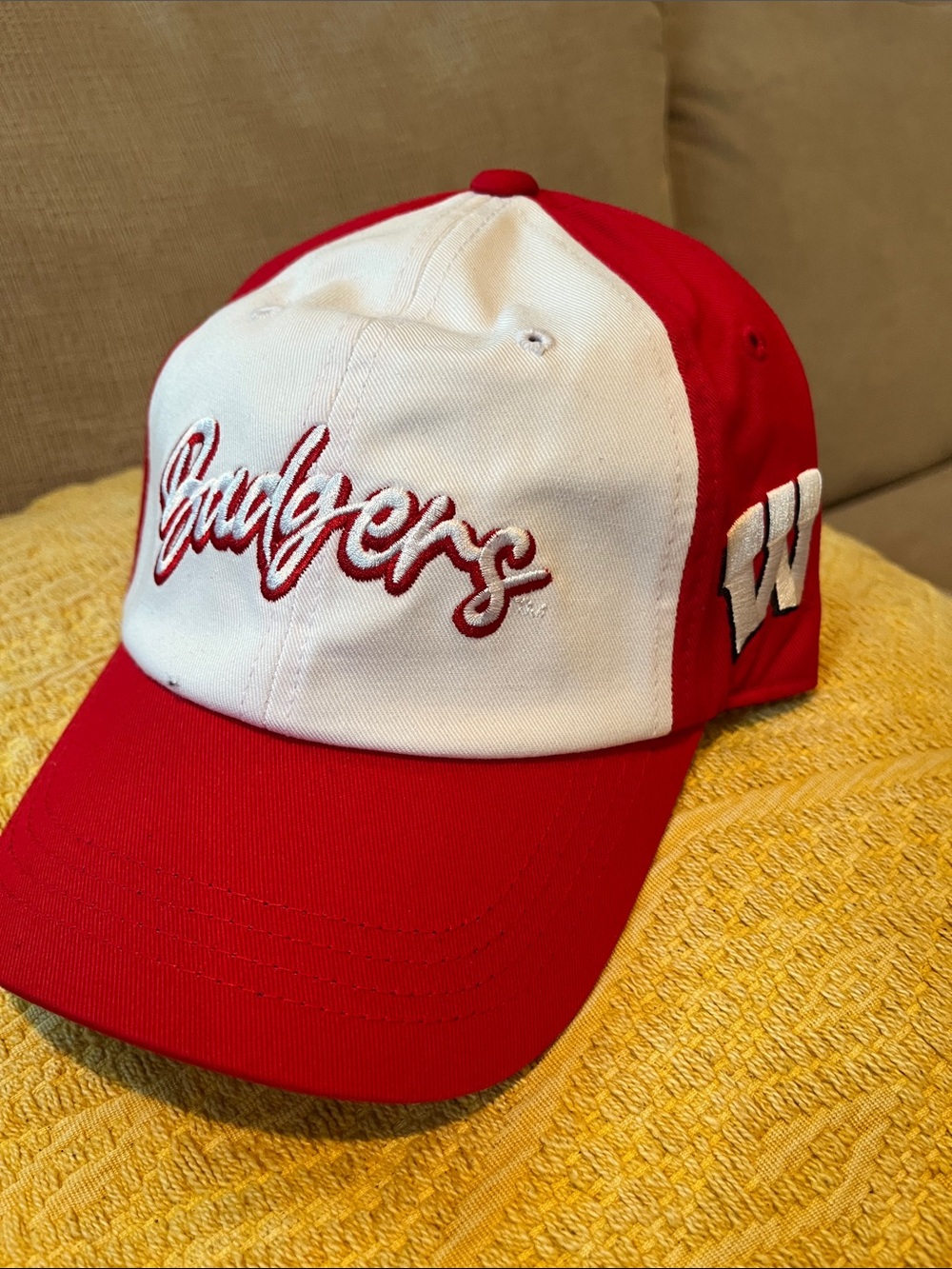 Red & White Kids Baseball Cap with ‘Badgers’ Script Accent
